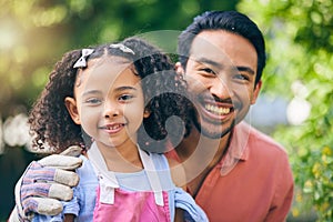 Gardening, portrait of dad and child in backyard with plants, teaching and learning with growth in nature. Farming