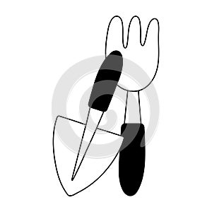 Gardening, rake and spade tools work isolated line icon style