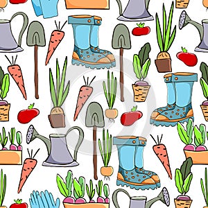 Gardening seamless pattern with garden elements: rake, shovel, seedlings, watering can, rubber boots, onions, carrots, beets