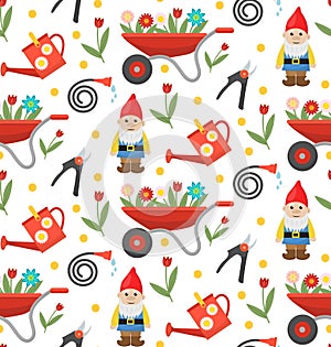 Gardening seamless pattern with gnome, flowers and tools. Spring endless background.