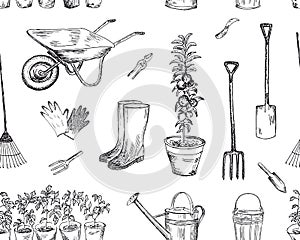 Gardening seamless pattern. Vector sketches hand drawn