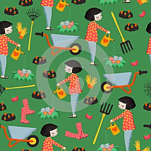 Gardening seamless pattern. Woman with watering can, flowers, vegetables, garden tools, wheelbarrow repeating background