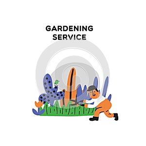 Gardening service. Funny hand drawn illustration of gardener cutting the grass. Doodle style. Made in vector.