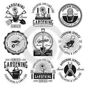 Gardening service set of emblems, badges, labels