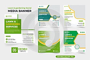 Gardening service social media post collection with abstract shapes. Lawn mowing service web banner template set with green and