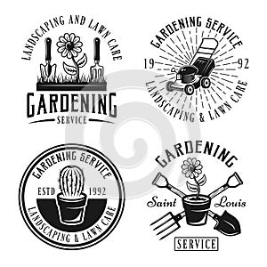 Gardening service vector emblems, badges, labels