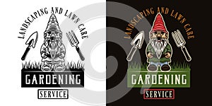 Gardening service vector vintage emblem, badge, label or logo with standing gnome statuette in two styles black on white