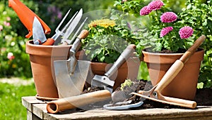 Gardening - Set Of Tools For Gardener And Flowerpots In Sunny