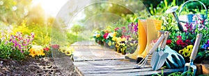 Gardening - Set Of Tools For Gardener And Flowerpots