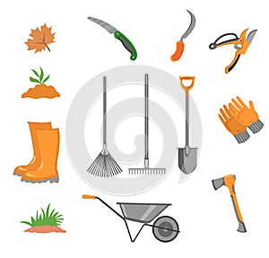 Gardening set. Tools, wooden box, garden gloves, rubber boots, watering can, tags, human hand, soil, scissors, plant pot Isolated