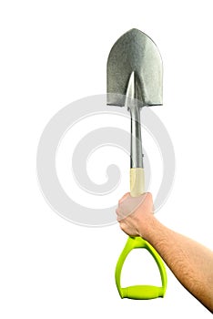 Gardening Shovel in Men Hand Isolated on White . Free space for text