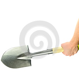 Gardening Shovel in Men Hand Isolated on White. Free space for text