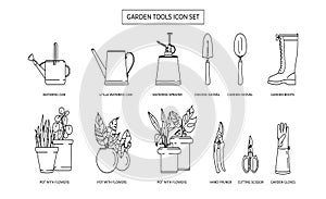 Gardening simple bw icon set. Contains Icons such as flowers, watering can, gloves, pot and much more