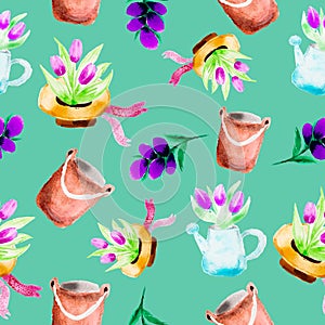 Gardening spring watercolor seamless pattern, springtime flowers and watering can