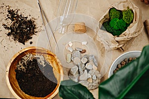 Gardening stuff on the floor. Moss, soil, stones and clay pebbels