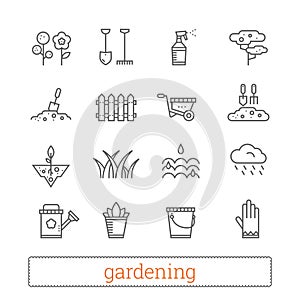 Gardening thin line icons. Vector set of plant growing, horticulture signs. Modern linear design elements.