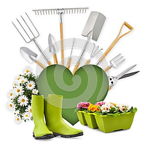 Gardening tool equipment and green heart shape, rubber boots and daisies flowers isolated on white background. Banner for online