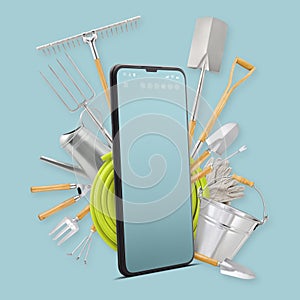 Gardening tool equipment with smartphone, isolated on light blue background, garden web store for online shopping. Gardening e-