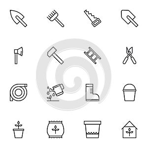Gardening tool line icons set