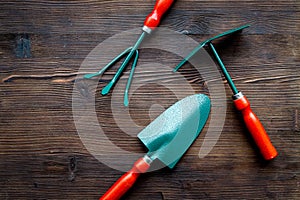 Gardening tools: spade, fork, hand cultivator, hoe on dark wooden background top view copy space