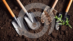 Gardening tools on fertile soil texture background seen from above, top view. Gardening or planting concept. Working in the spring