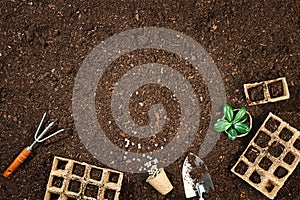 Gardening tools on fertile soil texture background top view.