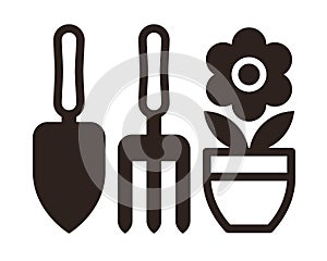 Gardening tools and flower pot icon