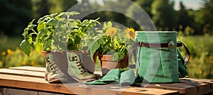 Gardening tools and flowerpots in a sunny garden essential equipment for the avid gardener