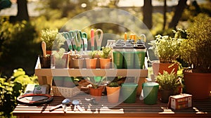 Gardening tools and flowerpots in a sunny garden essential equipment for the avid gardener