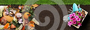 Gardening tools, flowers and organic waste for composting on soil, flat lay. Natural fertilizer