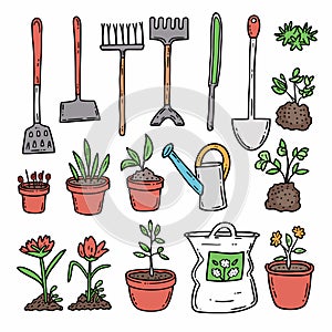 Gardening tools flowers pots illustrated colorful cartoon doodle collection. Handdrawn garden