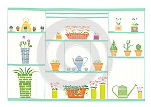 Gardening tools and flowers on wooden shelf,Vector illustrations