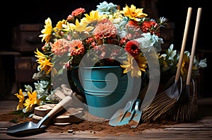 Gardening Tools and Flowers on Wooden Table - Selective Focus (AI generated)