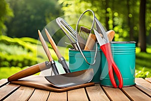 Gardening Tools In Garden. Gardening Equipment: Shovel, Spade, Rake, Pruning Sheers, Water Can. Garden Tools Composition. Generati