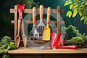 Gardening Tools In Garden. Gardening Equipment: Shovel, Spade, Rake, Pruning Sheers, Water Can. Garden Tools Composition. Generati
