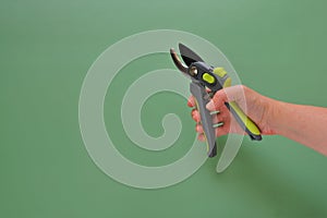 Gardening Tools. Garden shears in female hands on a green background.Gardening and horticulture. Garden Plants Pruning