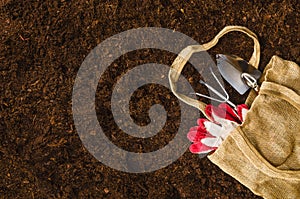 Gardening tools on garden soil texture background top view