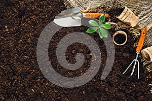 Gardening tools on garden soil texture background top view