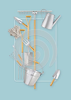 Gardening tools. Garden vintage set equipment. Ticket card for florist shop or greenhouse. Top view and copy space for template,