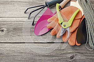 Gardening tools and gloves.