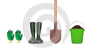 Gardening tools - gloves, rubber boots, shovel and plastic bucket with soil isolated on white