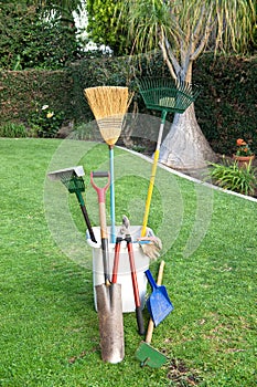 Gardening tools on grass