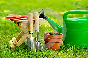 Gardening tools on green background and grass