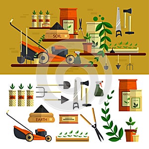 Gardening tools illustration. Vector icon set flat