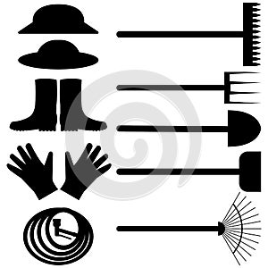 Set of various silhouettes icons gardening and farm tools including gloves, watering hose, rake and shovels. Vector illustrations.