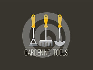 Gardening tools logo with hoe, rake and trowel. photo