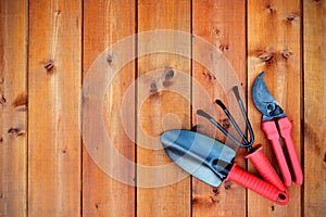 Gardening tools and objects on old wooden background