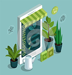 Gardening Tools, plants and mobile phone. Online garden shop concept. 3d isometric illustration.