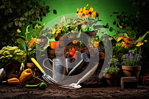 Gardening Tools and Plants. Spring Garden Works Concept