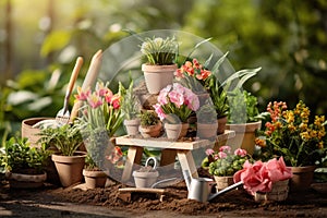 Gardening Tools and Plants. Spring Garden Works Concept